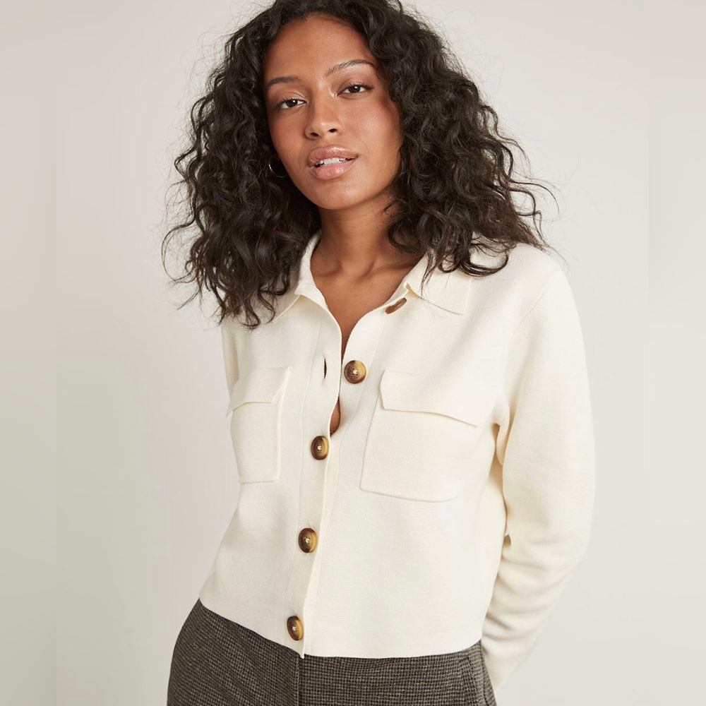 RW&Co Short Buttoned-Down Cardigan With Shirt Collar | XXS | Cream
